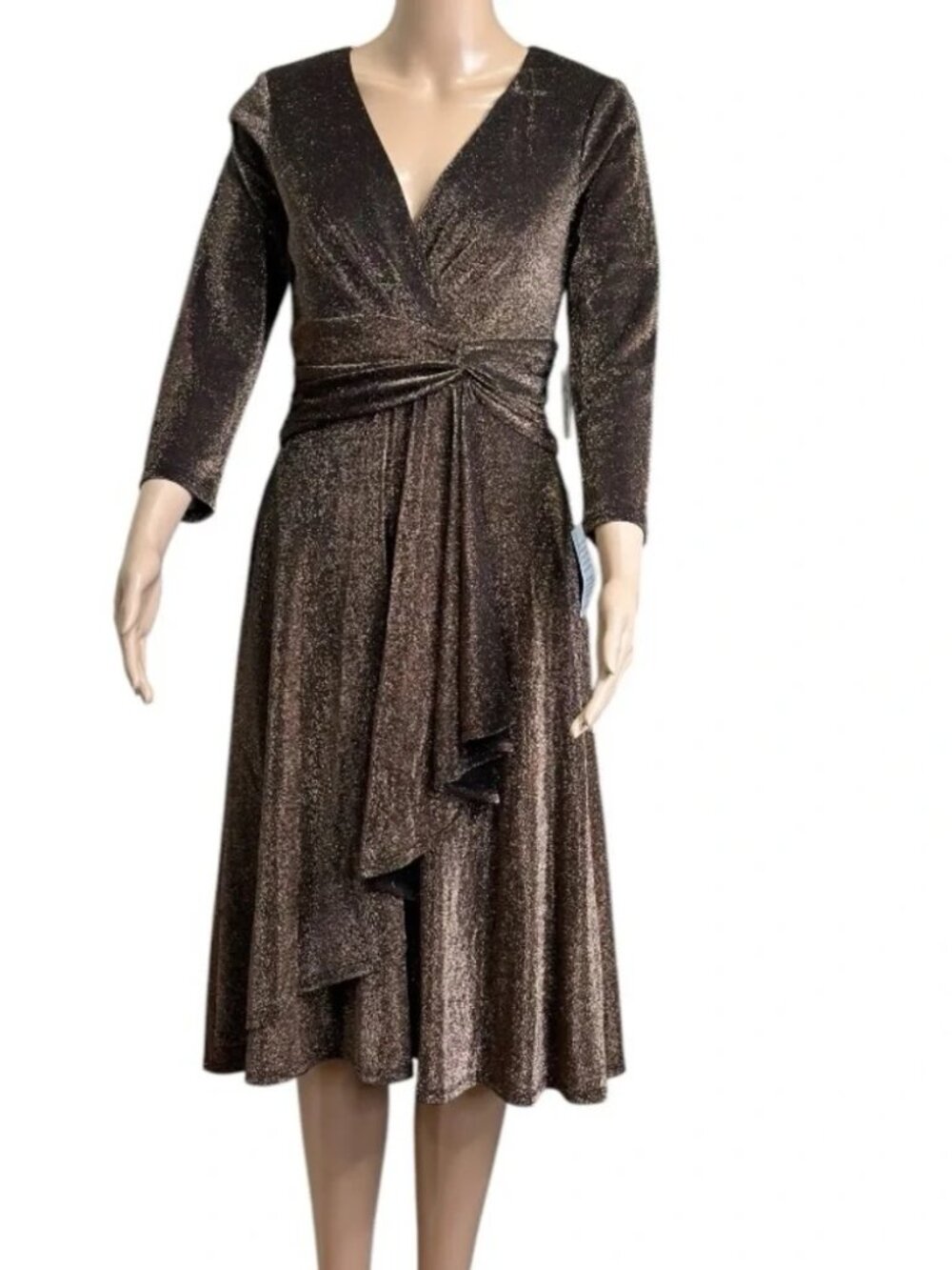 NWT Eliza J Women's Knee Length Faux Wrap Long Sleeve Metallic Dress Size 4